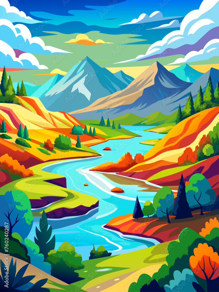 Watercolors vector landscape background with a peaceful lake and mountains in the distance.