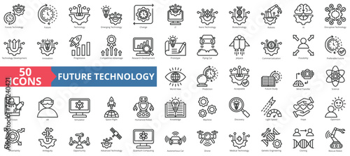 Future technology icon collection set. Containing emerging technology, change, it, nano technology, biotechnology, robotic, ai icon. Simple line vector