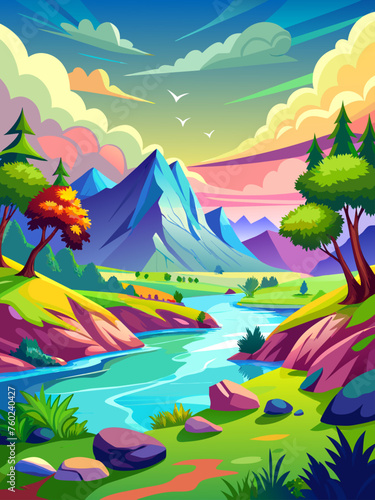 A watercolor depiction of a serene landscape with vibrant blues and greens, creating a tranquil and picturesque scene.