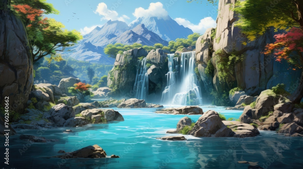 waterfall in nature painting art picture for wallpaper