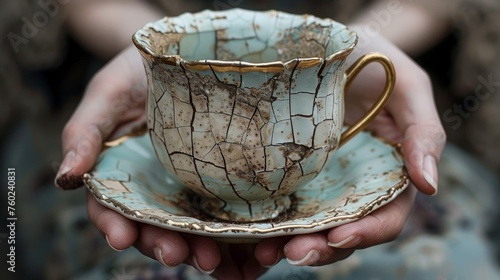 a cracked ceramic Cup of coffee filled with still water, capturing the peaceful beauty found amidst life's fractures
