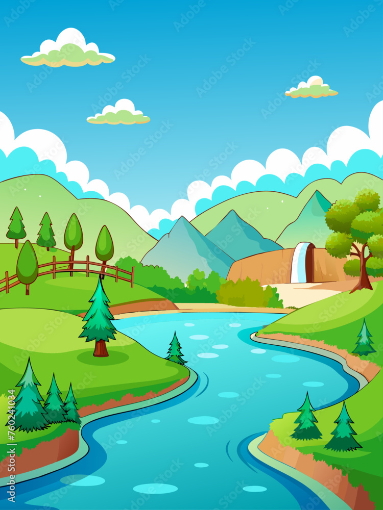 Water flows through lush green hills under a sky of vibrant blue in a tranquil vector landscape.