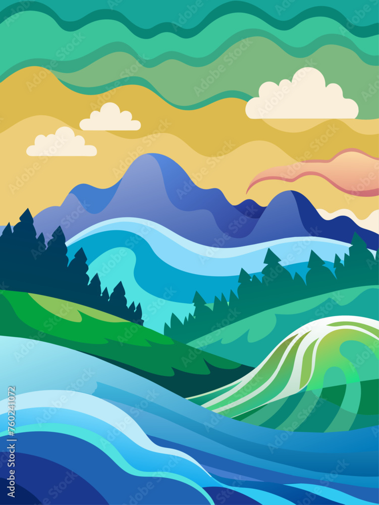 Waves vector landscape background featuring a tranquil beach scene with gentle waves rolling onto the shore.