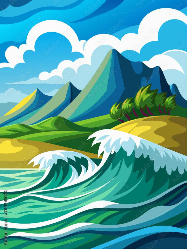 Tranquil waves gently lap against the shore in this serene landscape background.