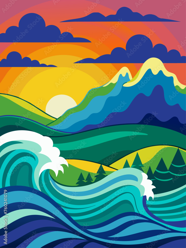 Waves vector landscape background featuring a tranquil beach scene with gentle waves rolling onto the shore.