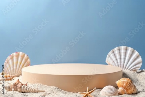 Empty round beige platform podium with sea shells and starfish on white beach sand background. Minimal creative composition background for cosmetics or products presentation. generative ai.