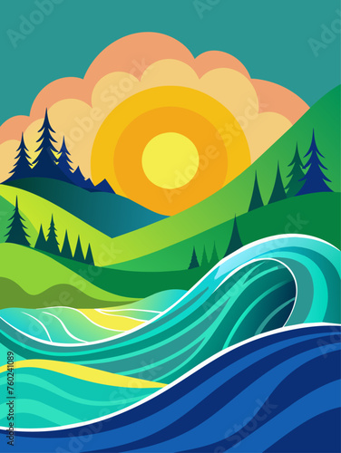 Breathtaking wave vector landscape background with vibrant colors and dynamic curves.