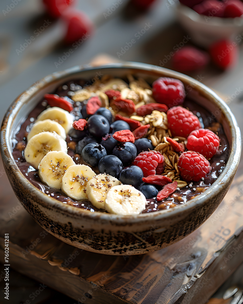 A delicious fruit salad made with bananas, blueberries, raspberries, and granola, served on a rustic wooden table. A superfood dish full of natural ingredients A delicious fruit salad made with bananas, blueberries, raspberries, and granola, served on a rustic wooden table. A superfood dish full of natural ingredients
