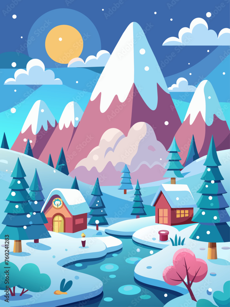 A cute winter vector landscape background with a snowy field, trees, and a house.