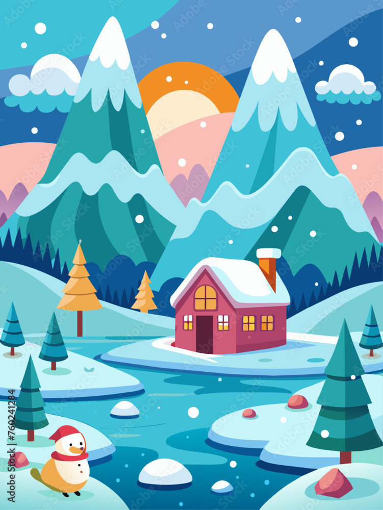 Vector illustration of a winter landscape with cute houses and trees covered in snow.