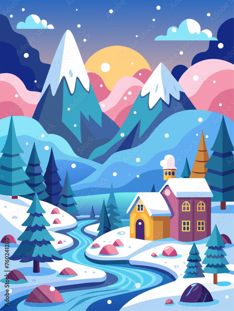 A cozy winter scene with adorable animals frolicking in a snowy landscape.