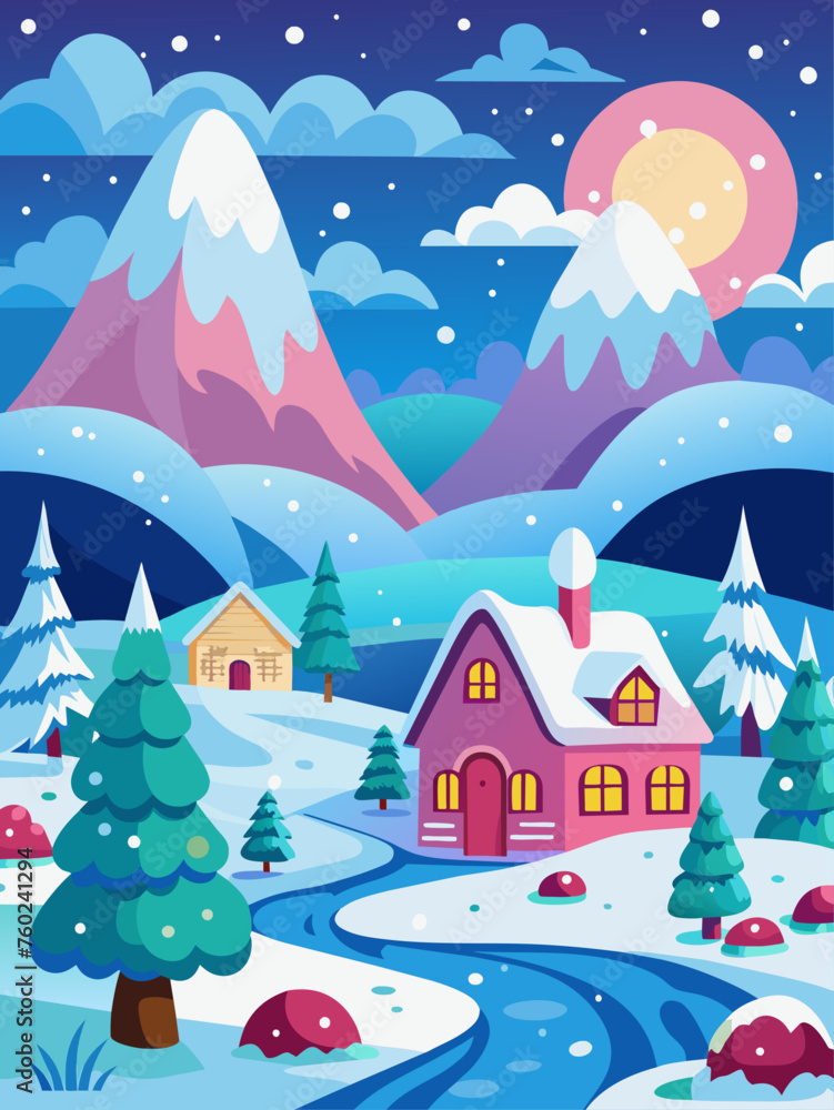 Fototapeta premium A cute winter vector landscape background with a snowy field, trees, and a house.
