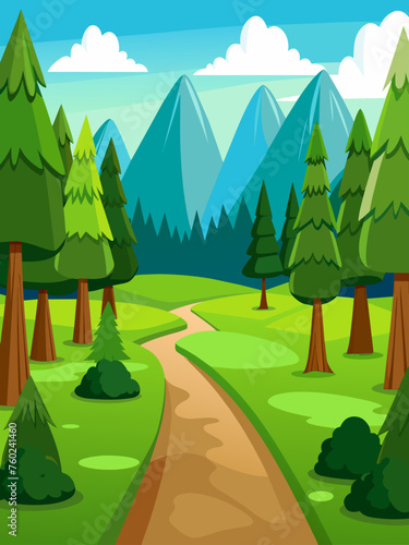 Tranquil woodland scene with vibrant hues of green, majestic trees, and a winding path leading into the depths of the forest.