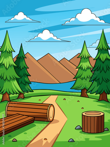 An enchanting wood vector landscape background immerses you in a serene world of lush greenery and towering trees.