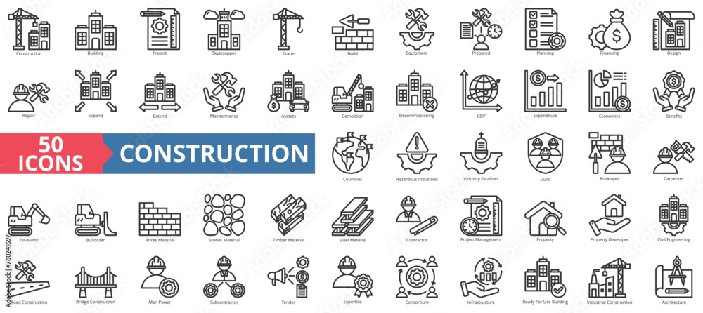 Construction icon collection set. Containing building, project, skyscraper, crane, build, equipment, prepared icon. Simple line vector - obrazy, fototapety, plakaty 