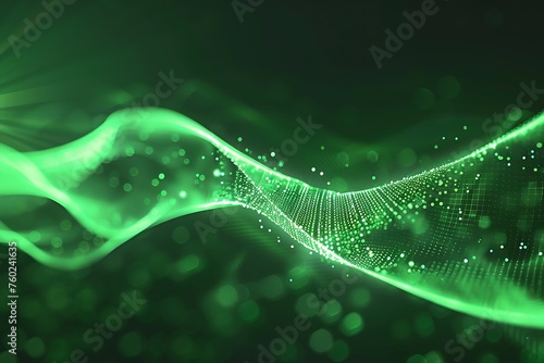 Smooth horizontal green wave neon light line and particle background. Tech banner design.