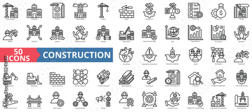 Construction icon collection set. Containing building, project, skyscraper, crane, build, equipment, prepared icon. Simple line vector photo