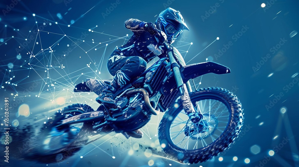 Abstract 3D Motocross Rider Jumping on Blue with Dots, Lines, and Stars, Freestyle Illustration