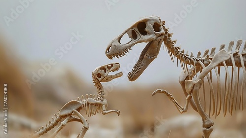 an illustration showing two skeletons of a mother dinosaur and a baby dinosaur looking at each other on blurred background 