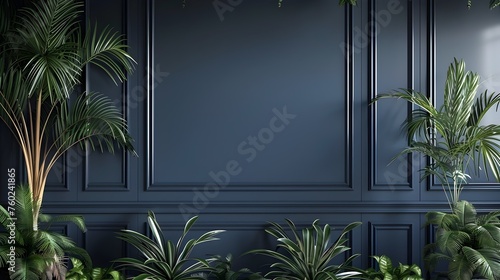 Dark Blue Feature Wall with Elegant Palm Trees and Tillandsias Radiating Modern Interior Design