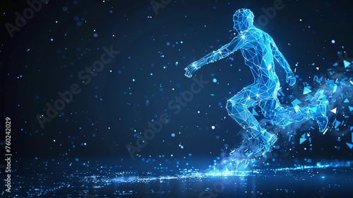 Abstract polygonal blue man in motion, low poly 3D human figure illustration, futuristic technology concept