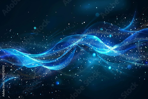 Smooth horizontal blue wave neon light line and particle background. Tech banner design.