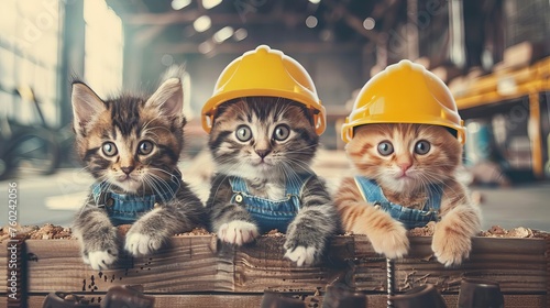 Adorable kittens dressed as construction workers, cute animal fashion, feline cosplay concept illustration