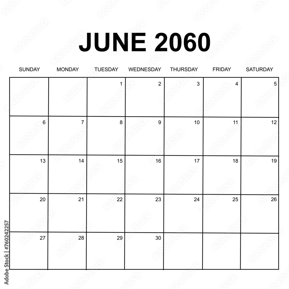 june 2060. monthly calendar design. week starts on sunday. printable, simple, and clean vector design isolated on white background. - obrazy, fototapety, plakaty 