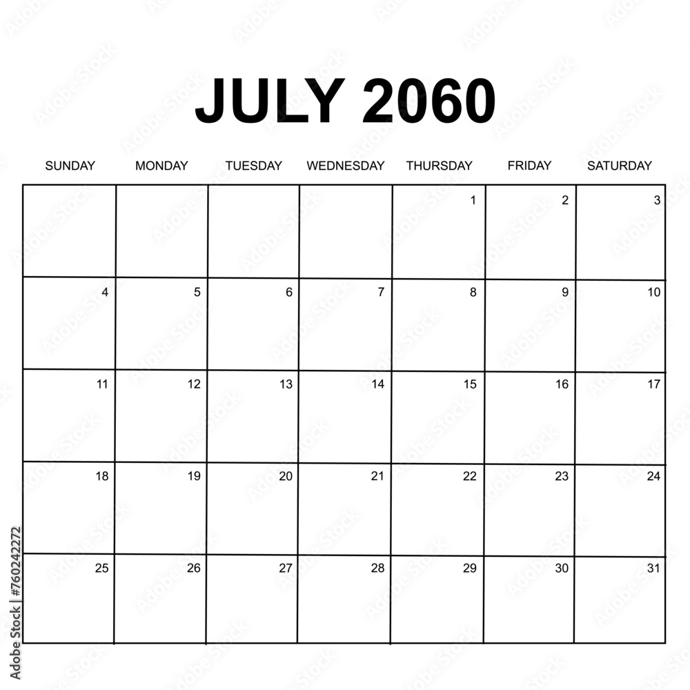 july 2060. monthly calendar design. week starts on sunday. printable, simple, and clean vector design isolated on white background. - obrazy, fototapety, plakaty 