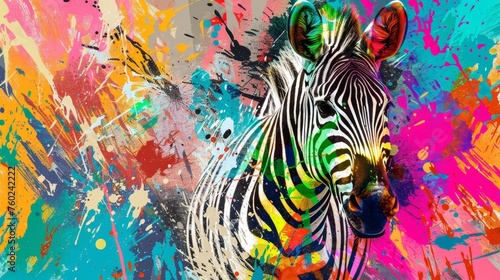 Colorful abstract zebra art  vibrant stripes against splattered paint background  expressive digital illustration
