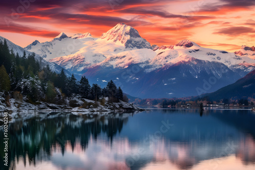 Breathtaking Deep Learning Portrayal of a Serene Mountain Landscape at Sunset