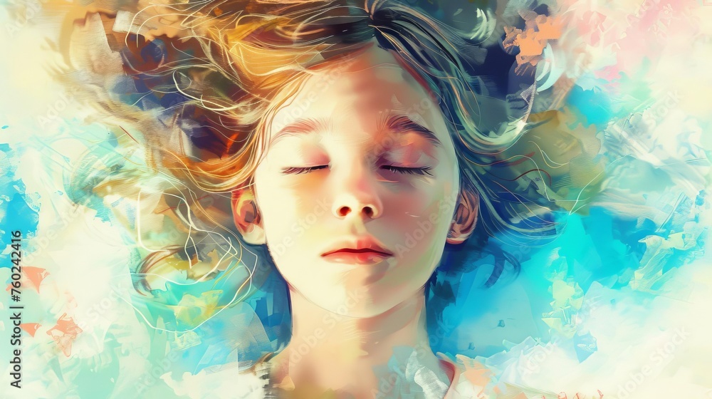 Enchanting portrait of a dreamy young girl, transcendent meditation concept, stylized digital painting