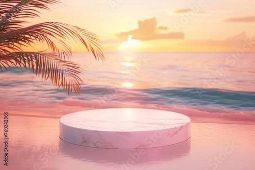 3d podium with copy space for product display presentation on palm beach and sunset sky abstract background. Tropical summer and vacation concept. Graphic art design. generative ai.