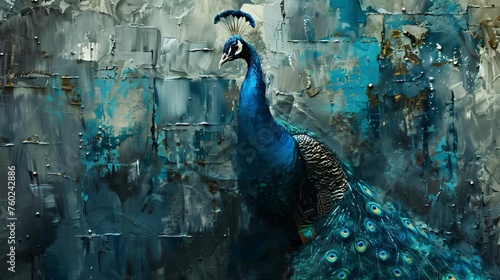 Majestic, Regal Peacock with Shimmering, Iridescent Feathers on an Abstract, Textured Background in Oil Painting Style © Bijac