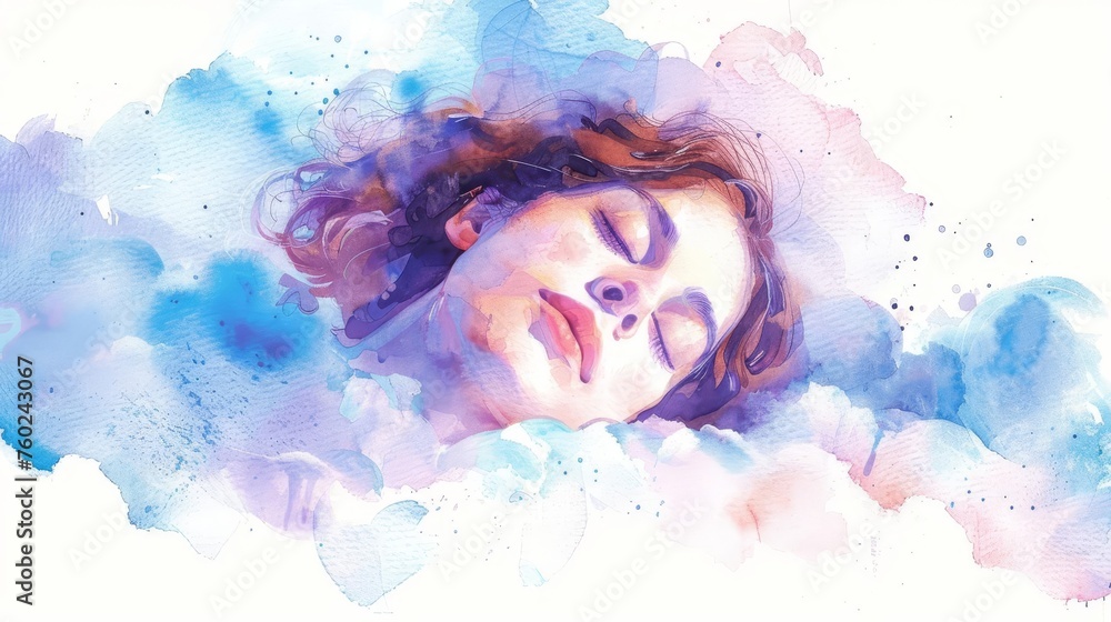 Serene woman peacefully slumbering on a fluffy cloud, dreamy watercolor illustration - obrazy, fototapety, plakaty 