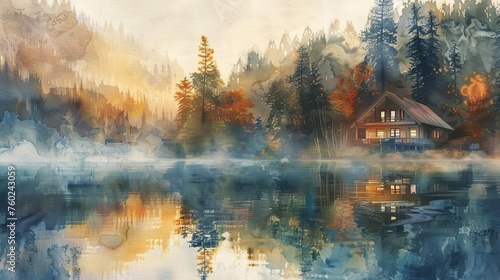 Serene Lakeside Cabin at Sunrise, Tranquil Watercolor Landscape with Mist and Reflection