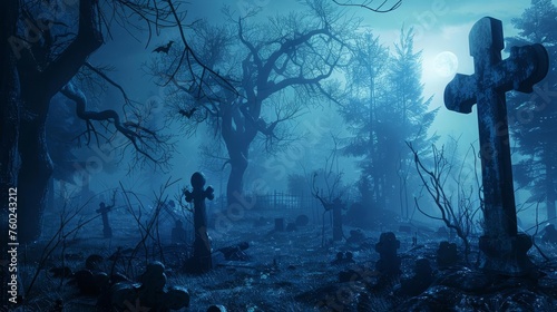 Spooky Halloween graveyard in dark, misty forest with dead trees and eerie moonlight