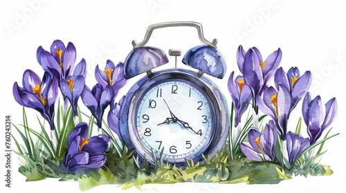 Spring Forward Concept with Alarm Clock among Blooming Purple Crocuses, Watercolor Illustration photo