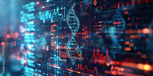 Background of DNA connecting in hologram screen virtual interface Science and innovation, Digital technology medical concept