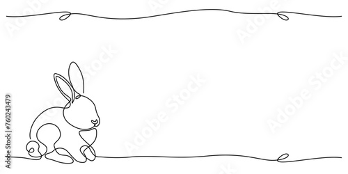 Zajączek wielkanocny rysowany jedną ciągłą linią. Sylwetka uroczego królika w prostym minimalistycznym stylu. Ilustracja wektorowa. #760243479