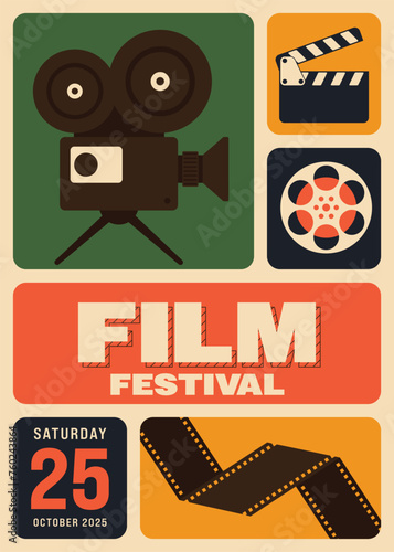 Movie festival poster template design background with film element in grid layout