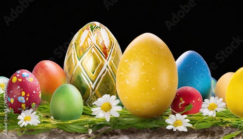 Colorful Decorated Easter Eggs on Dark Background