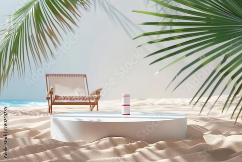 Podium on sand cosmetic product display stand. product display on round podium with summer beach, 3d illustration. generative ai.