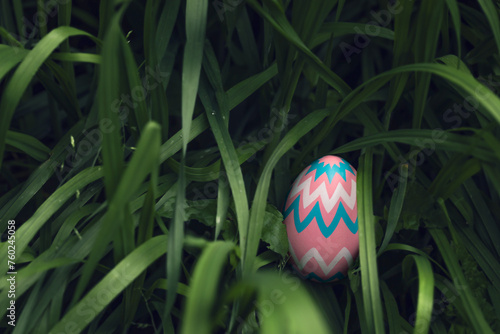Pink decorated Easter Egg hidden tall grass found during Easter Egg hunt search.