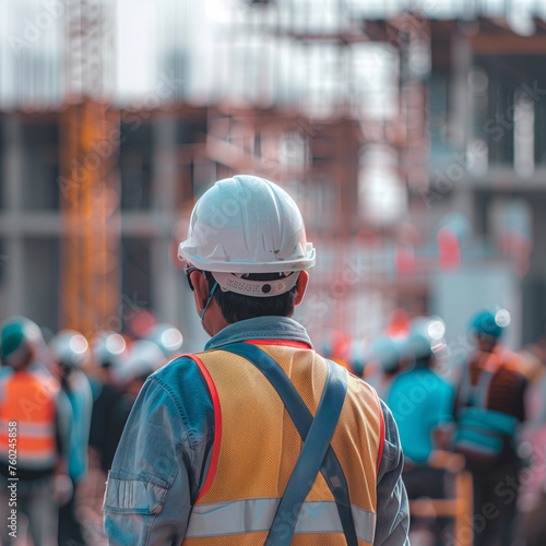 Worker in safety gear at industrial construction site © Stock Creator