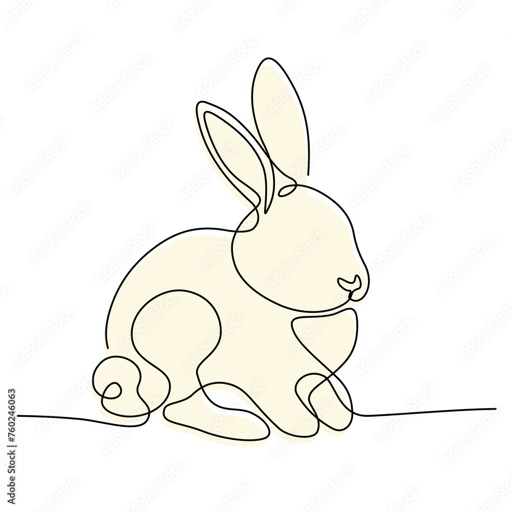 Zajączek wielkanocny rysowany jedną ciągłą linią. Sylwetka uroczego królika z żółtym akcentem w prostym minimalistycznym stylu. Ilustracja wektorowa. - obrazy, fototapety, plakaty 