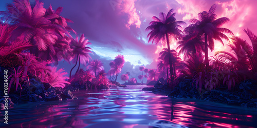 Magical wavy ocean with neon palm forest at sunset an unrealistic and beautiful 3d Illustration of a fantasy landscape background and wallpaper Psychedelic Neon Landscape     