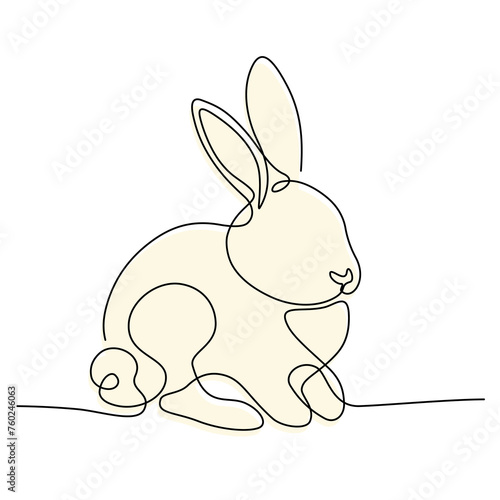 Zajączek wielkanocny rysowany jedną ciągłą linią. Sylwetka uroczego królika z żółtym akcentem w prostym minimalistycznym stylu. Ilustracja wektorowa.