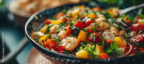 Close up on a bowl of fresh colorful salad showcasing the role of nutrition in overall wellness and fitness photo