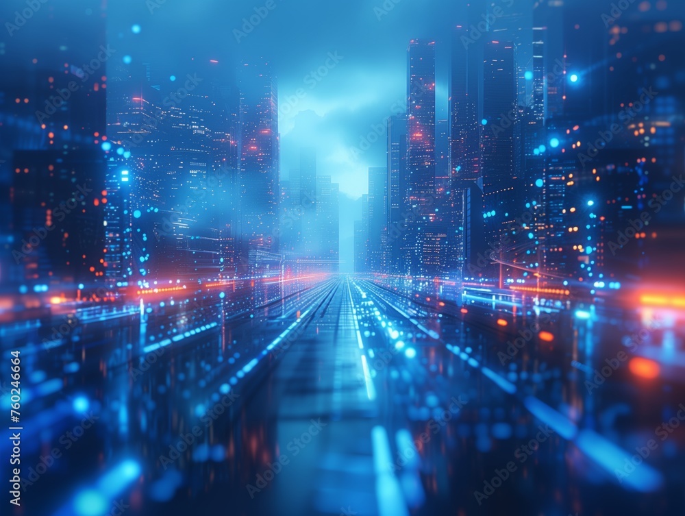 Blur image to use as background of The cityscape comes alive at night with a cybernetic glow, lights and reflections create a sense of futuristic vibrancy.